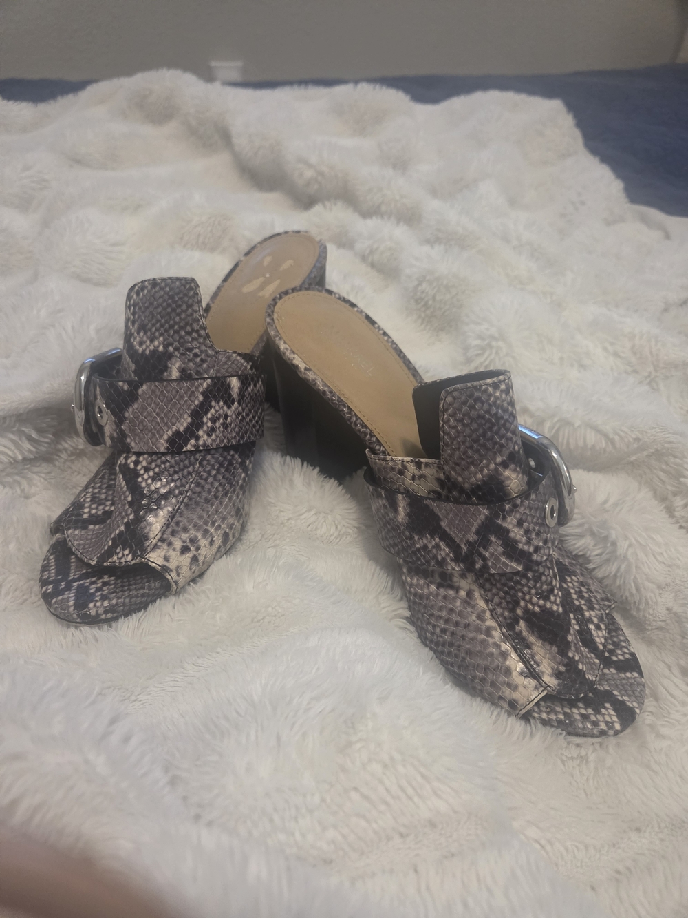 Michael Kors Black and Beige Snakeskin Buckle Mules